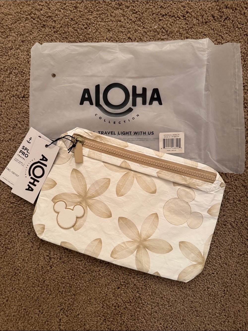 Aloha Collection Beige Floral Pouch with Mickey Detail Disney Aulani exclusive